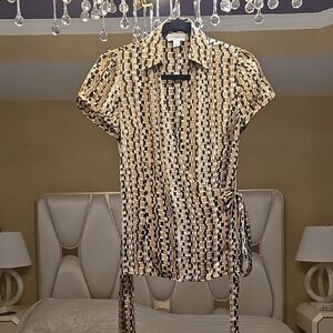 LOFT Women's Geometric Wrap Blouse - Black, White, Tan